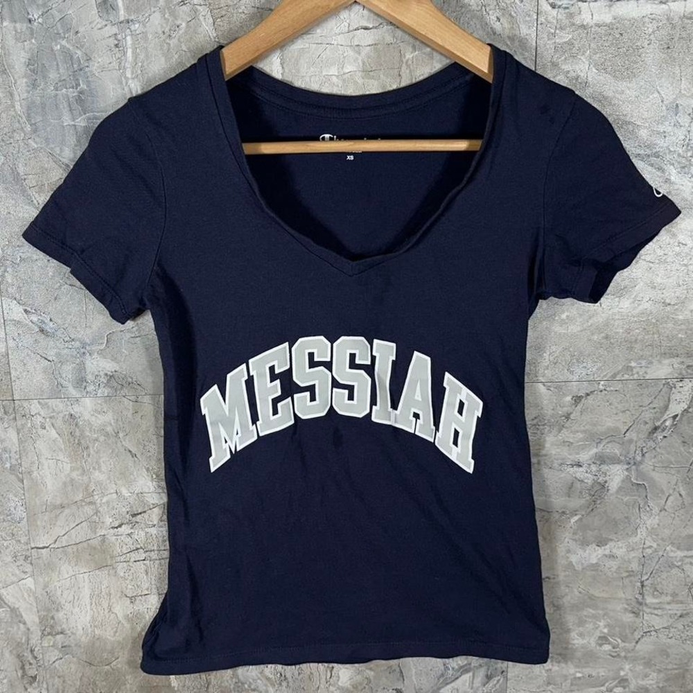 Champion navy blue v-neck t-shirt with white "Messiah" graphic. Woman's Size: XS